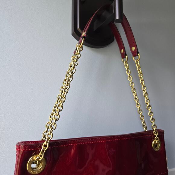 Coach Poppy Embossed Crimson Patent Leather Chain Strap Slim Tote Shoulder Bag - Picture 6 of 10